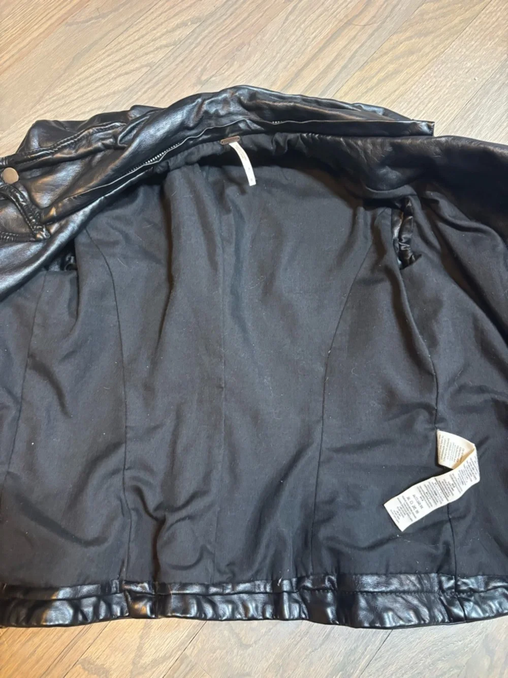 Free People Cleo Black Faux Leather Moto Jacket. Size 0. Missing hood.